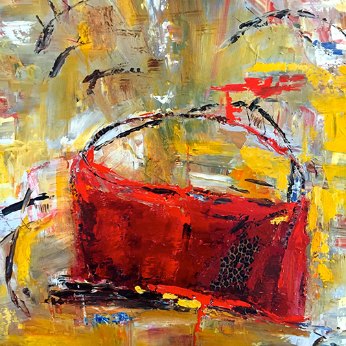 Abstract of a red purse with an explosion of bright colors and thick texture.