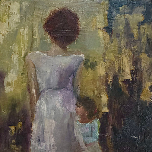 Figure of an adult woman and a child on an abstract background.