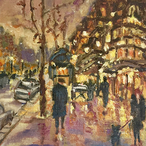 A brightly lit busy night scene painted in shades of brown, orange, and violet.