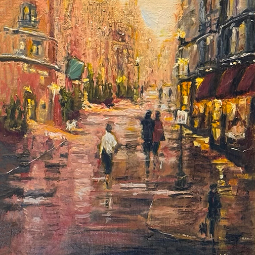 A street scene painted in reds and oranges.