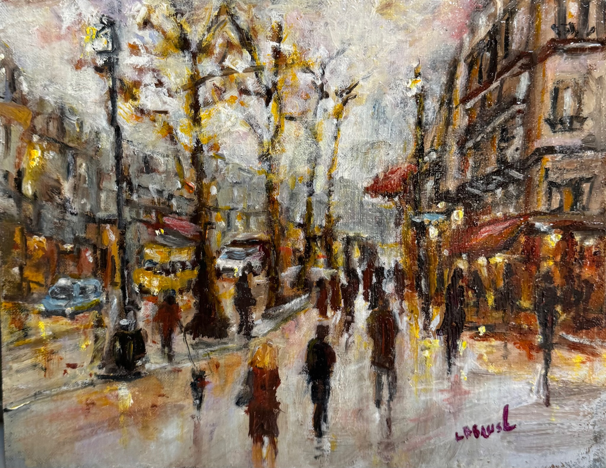 Painting of a rainy street scene at dusk with street lights reflecting on the wet pavement.