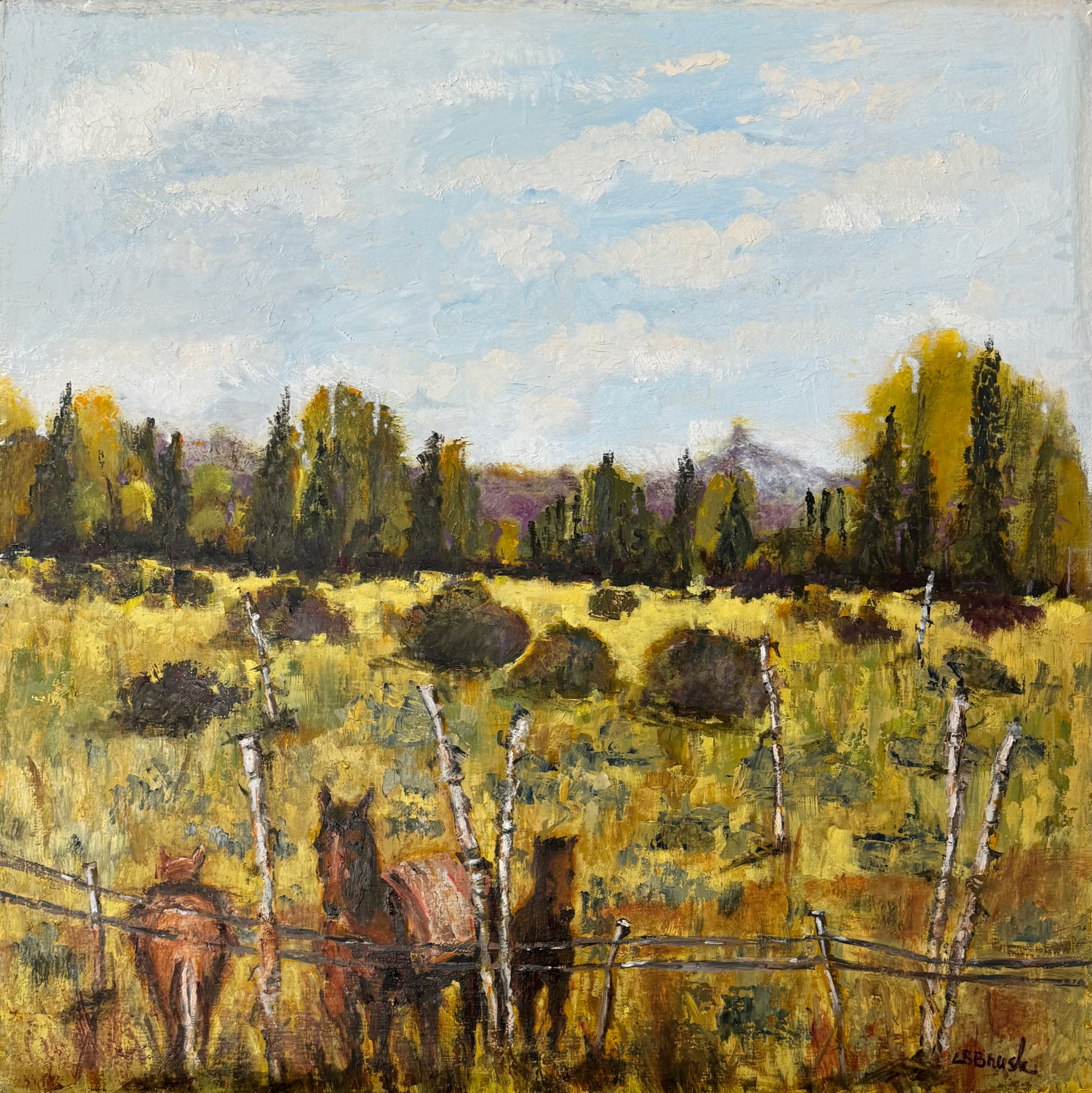 painting of horses looking over fence with mountains in the distance beyond the pasture.