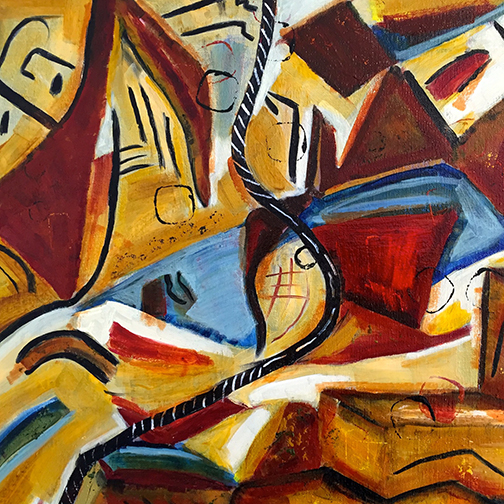 Blocky shapes painted in shades of red and yellow with blue accents create a lively abstract painting.