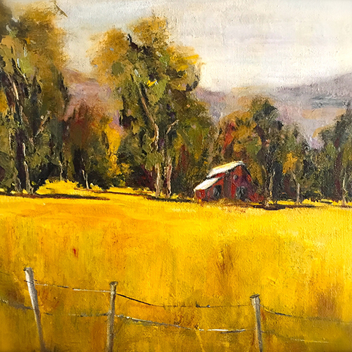 Painting of a golden field with a red barn nestled into the trees and distant violet hills.
